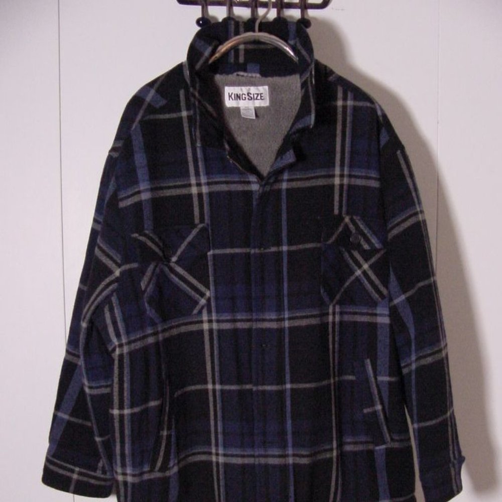 King Size Blue Cotton Flannel Button & Zip Jacket Sz 5XL